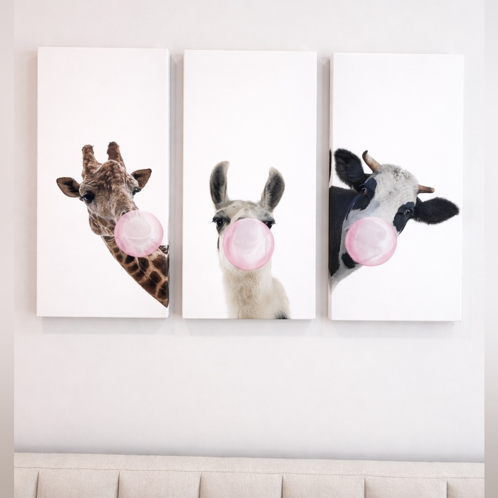 Cute Animal Trio Bubblegum Canvas Wall Art - Pink & White - 28” x 45” (Large)